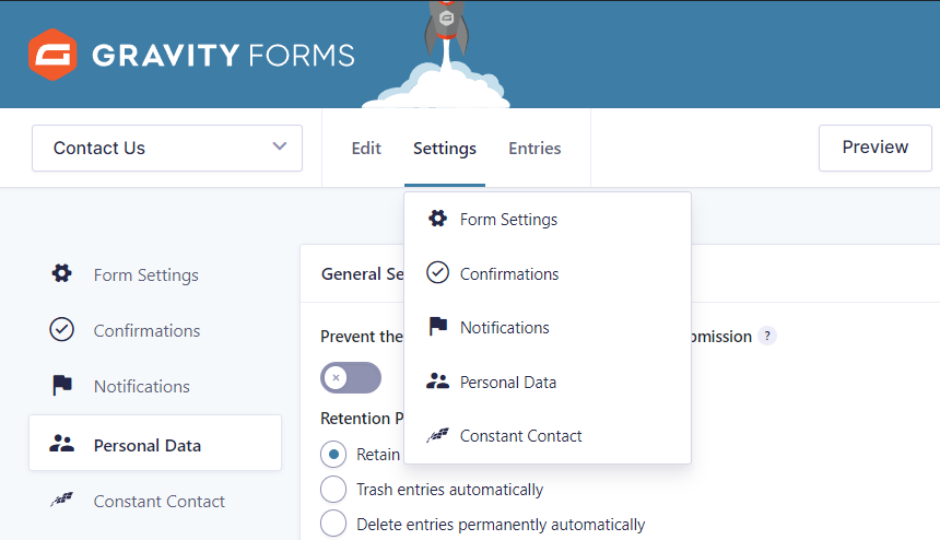 Gravity Forms Settings - Personal Data