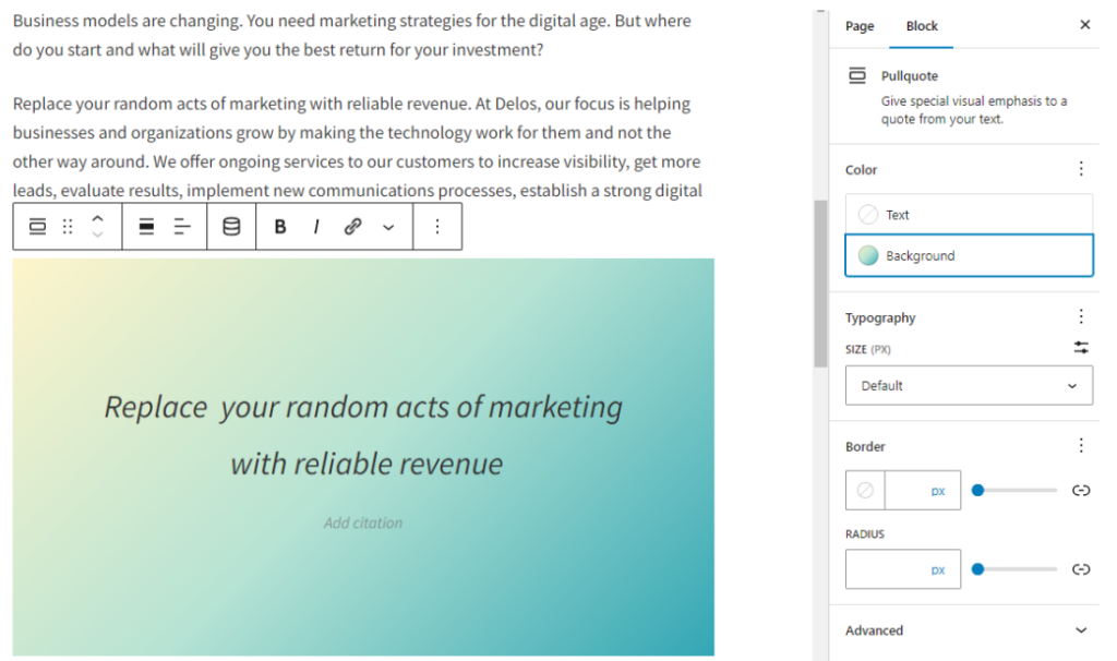Pullquote block in paragraph